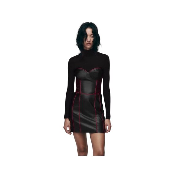 Zara Black Faux Leather Strapless Mini Dress With Pink Piping Size M New - Picture 1 of 9